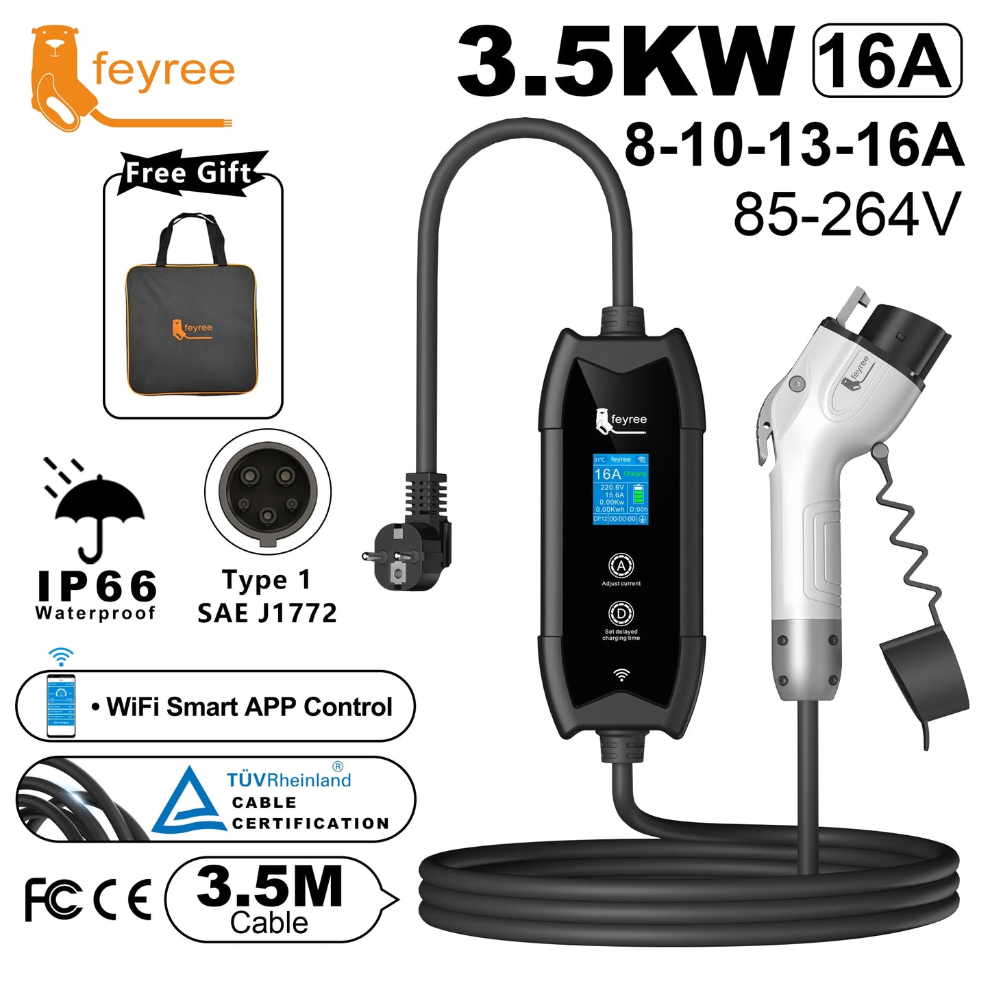 Portable Type 1 EV Charger - 16A 3.5kW Smart App Controlled Charging Cable