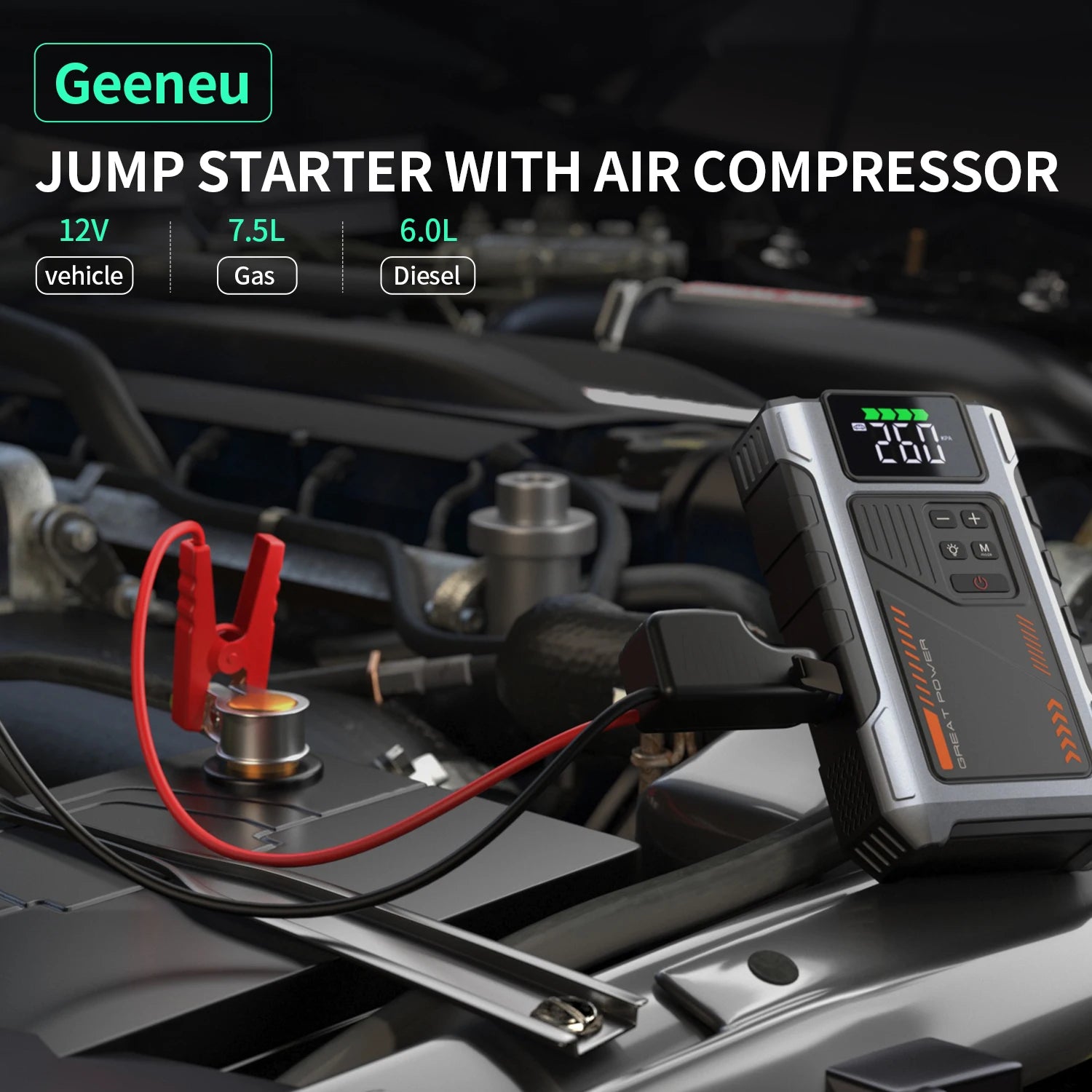3000A Portable Car Jump Starter with 150PSI Air Compressor & LED Light - 2