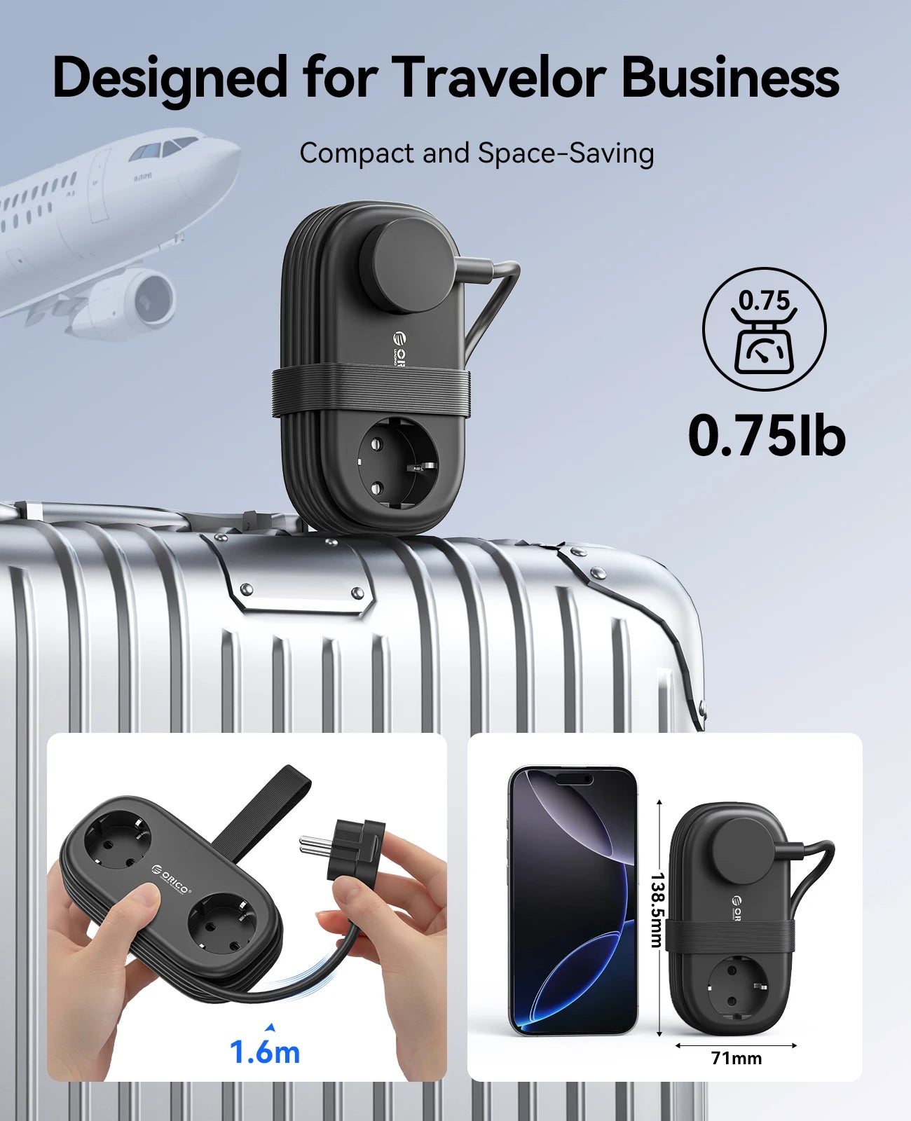 65W GaN 6-in-1 Fast Charging Power Strip - 2 AC Outlets, 2 USB-A, 2 USB-C