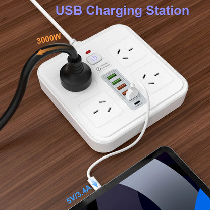 10-in-1 AU Power Board with 5 USB & 1 Type-C Ports – Surge Protected