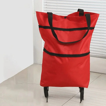 2-in-1 Foldable Shopping Bag with Wheels Pull Cart
