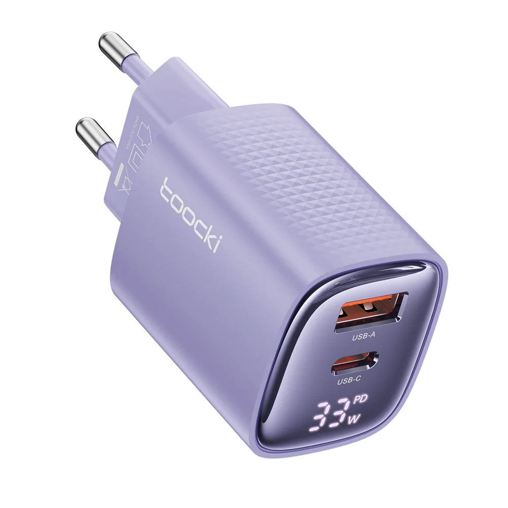 33W GaN Digital Display Fast Charger - USB-C & USB-A Dual Port Power Adapter - 25