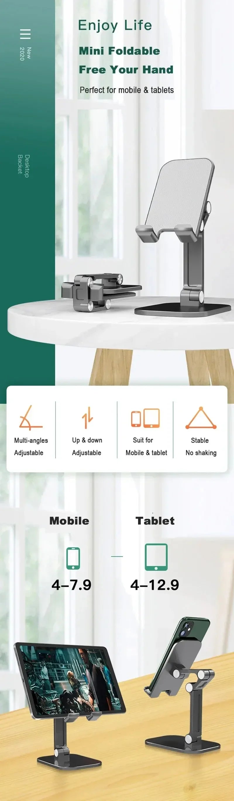 Adjustable Foldable Desk Phone & Tablet Stand - Universal Mount