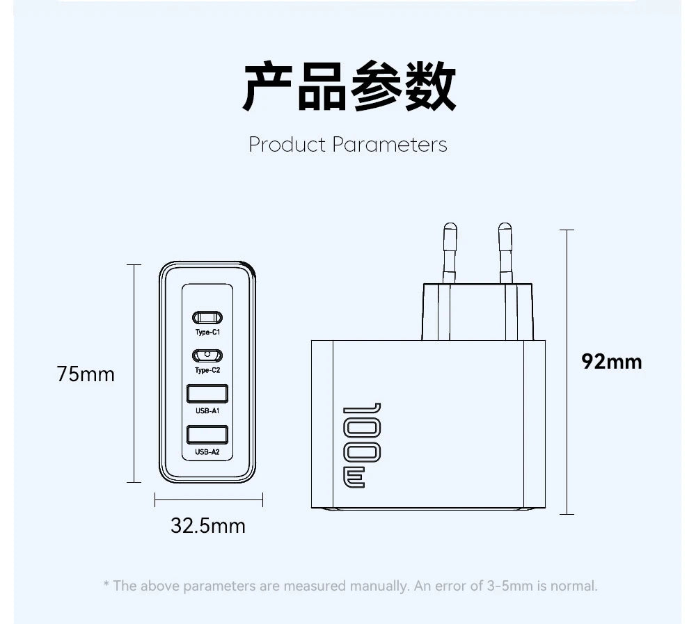 100W GaN Fast Charger - 4-Port USB-C Desktop Power Adapter for Laptop & Phone