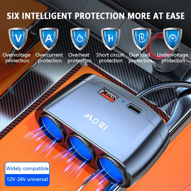 120W 3-Way Car Cigarette Lighter Splitter with USB & PD Fast Charging - 3