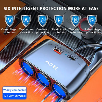 120W 3-Way Car Cigarette Lighter Splitter with USB & PD Fast Charging