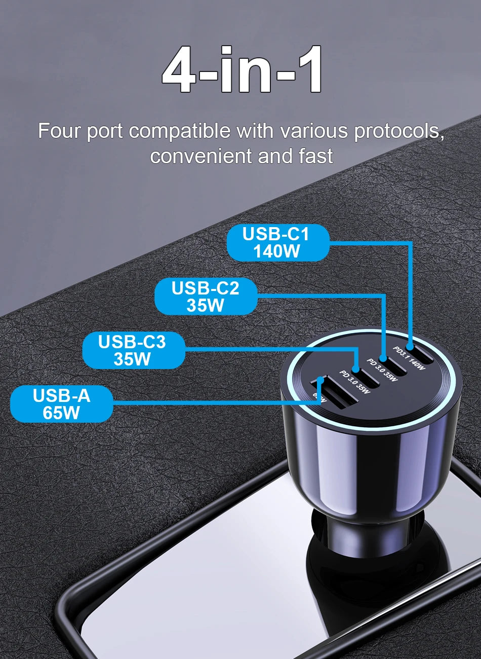 240W 4-Port USB-C Car Charger - PD 3.1 Super Fast Charging Adapter - 9