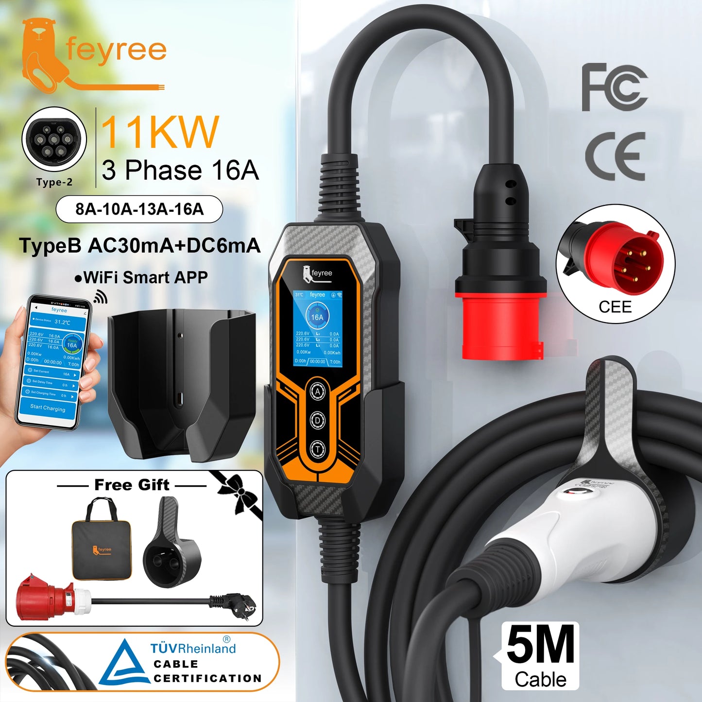 11KW Type 2 Portable EV Charger - 3 Phase Smart WiFi Charging Station