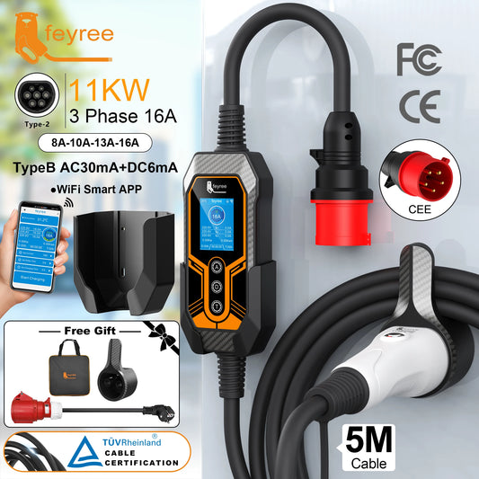 11KW Type 2 Portable EV Charger - 3 Phase Smart WiFi Charging Station