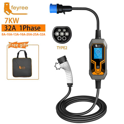 Feyree Portable EV Charger Type 2 - 7KW/11KW Adjustable Electric Car Charger