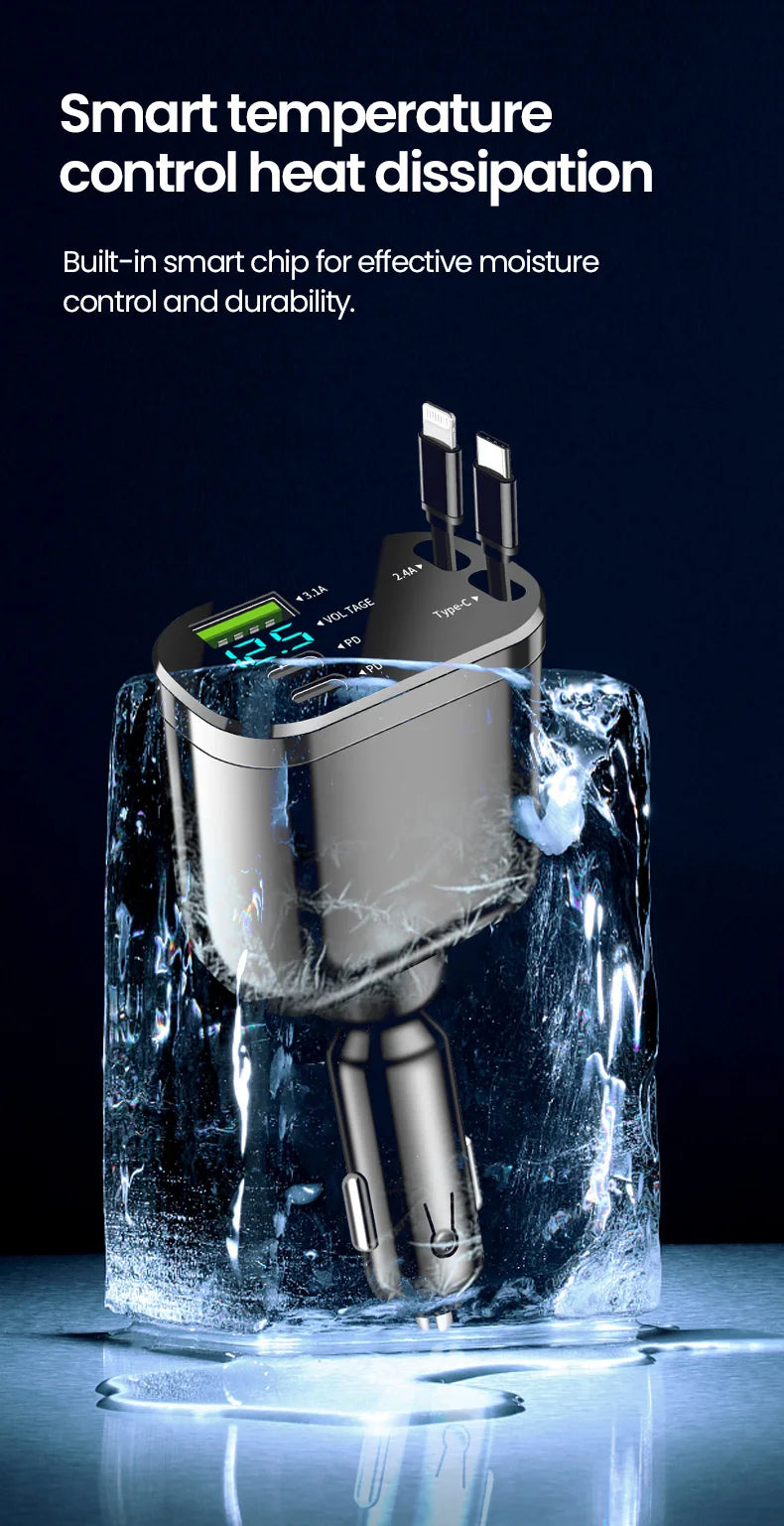 5-in-1 Retractable Fast Car Charger with LED Display - 120W Multi-Port
