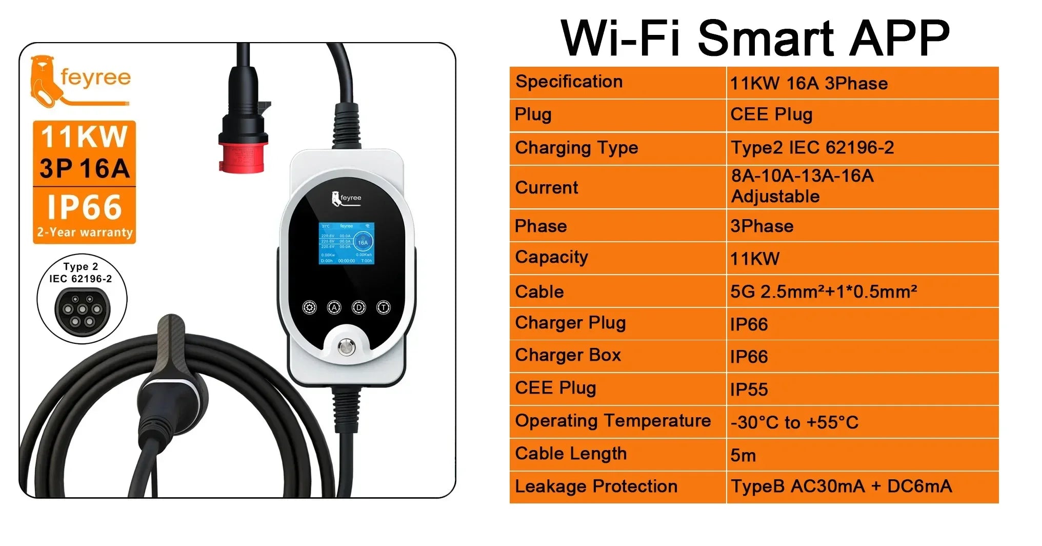 Smart Type 2 EV Charger: 7kW/11kW/22kW Portable & Wall-Mount Charging Station - 9