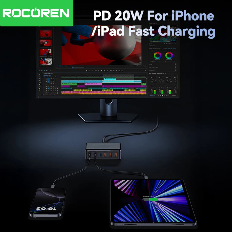 100W GaN 6-Port Desktop Fast Charger - Universal Multi-Device Charging Station - 4