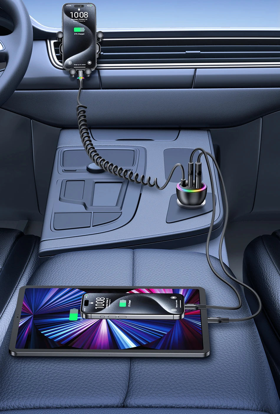 70W Fast USB-C Car Charger with 1.6m Retractable Spring Cable - 17