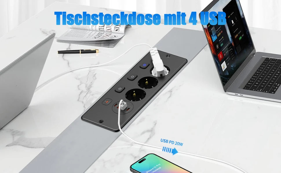 EU Desktop Power Strip with 5 AC Sockets & 4 USB Ports - 3250W Fast Charge - 8