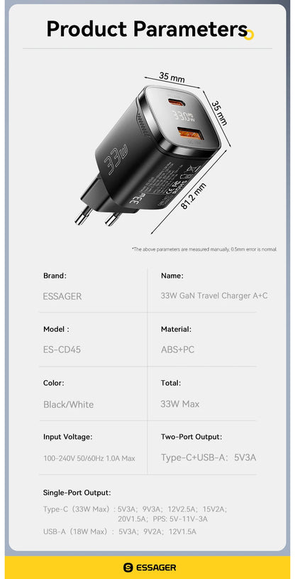 33W GaN Dual Port USB-C Fast Charger with Real-Time Digital Display