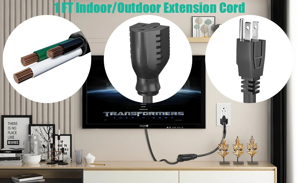 1ft Extension Cord - Low Profile Flat Plug 3-Prong Power Extension Cable - 9