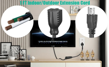 1ft Extension Cord - Low Profile Flat Plug 3-Prong Power Extension Cable