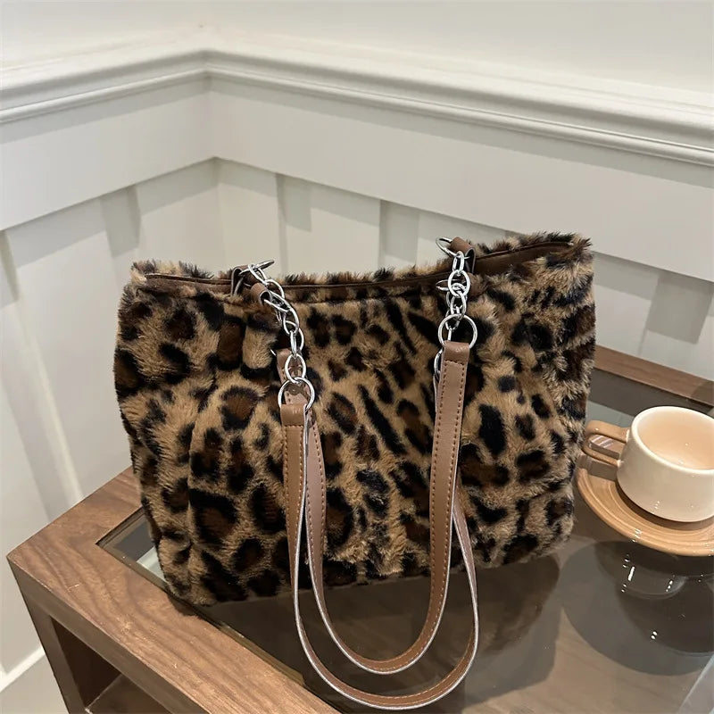 Luxury Leopard Fluffy Fur Tote