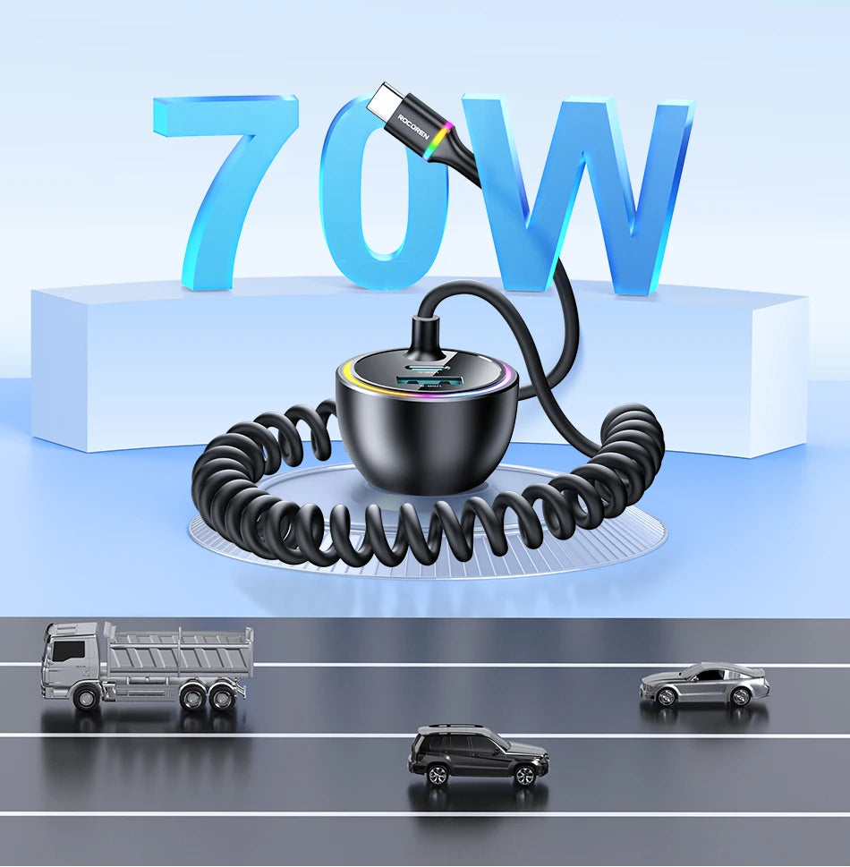70W Fast USB-C Car Charger with 1.6m Retractable Spring Cable - 31