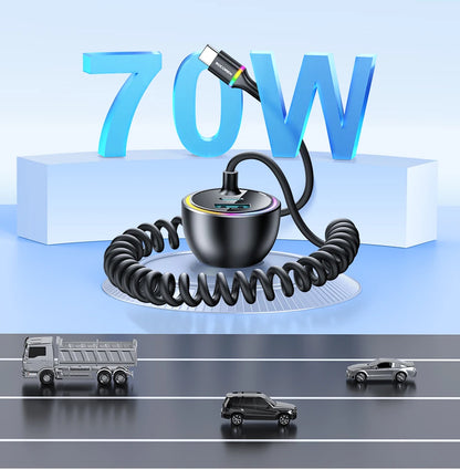 70W Fast USB-C Car Charger with 1.6m Retractable Spring Cable