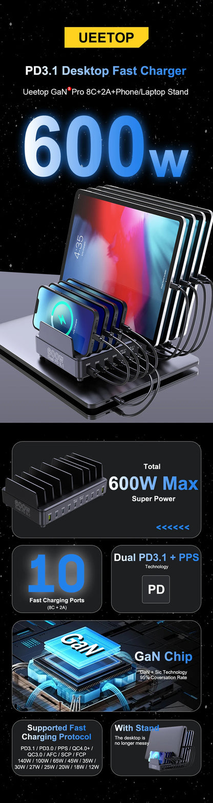 600W 10-Port GaN Desktop Charging Station - Fast PD 3.1 USB-C Charger