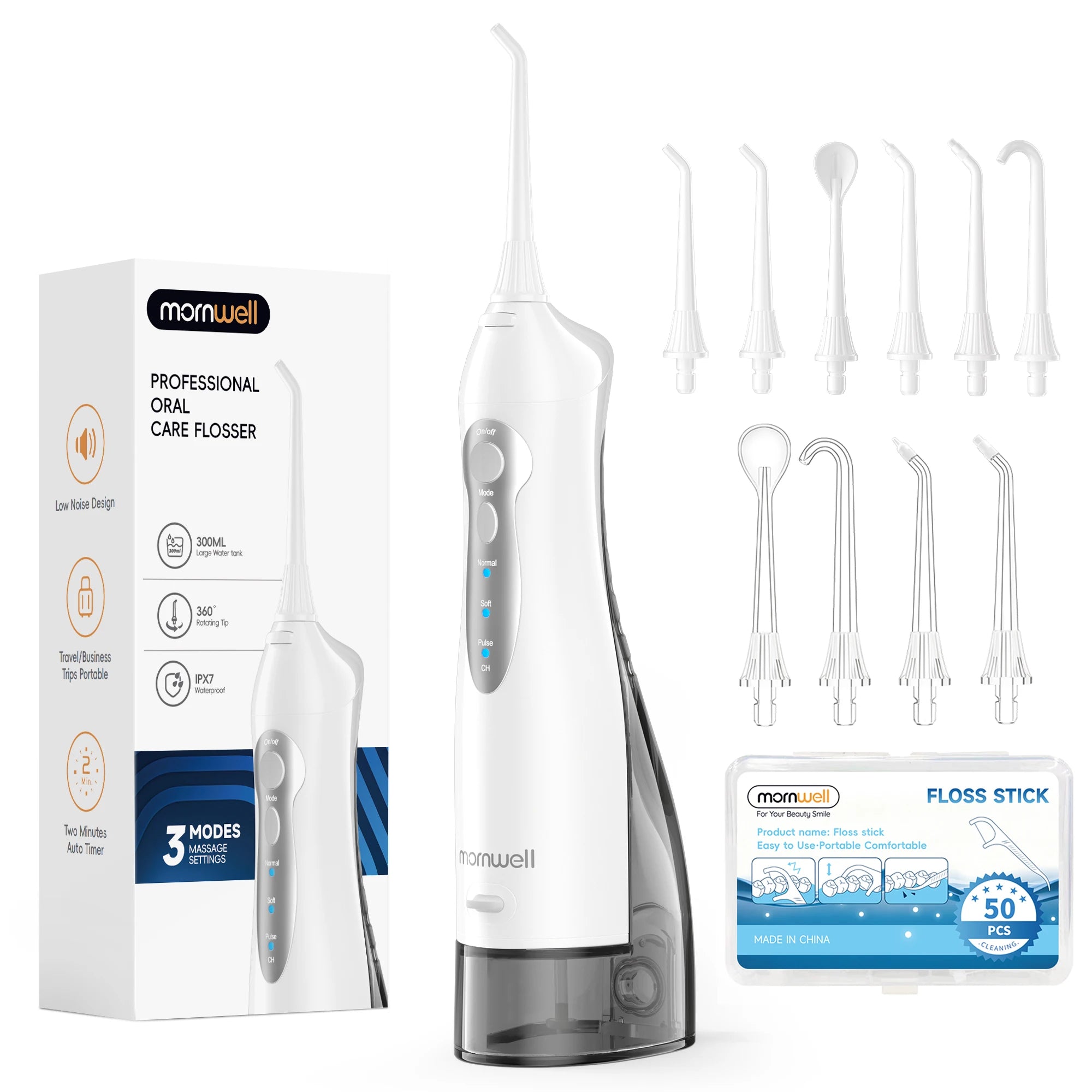 Portable Cordless Water Flosser with 300ml Tank and 6 Replacement Nozzle Tips - 18