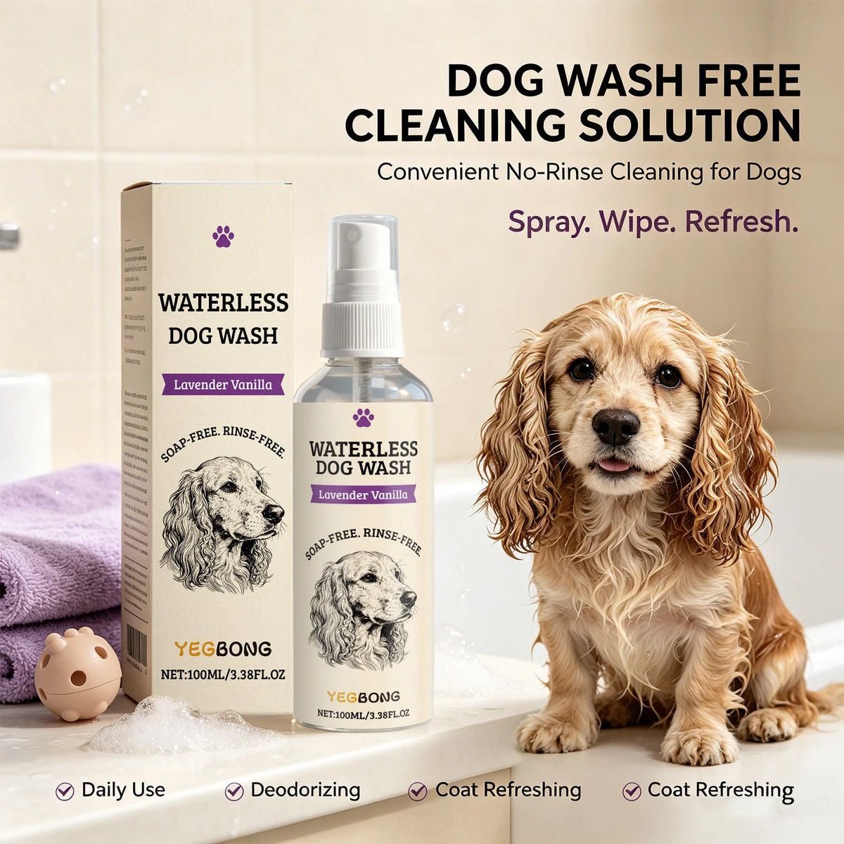 Waterless Dog Wash Foam Shampoo – No-Rinse Deodorizing Cleanser for Dogs