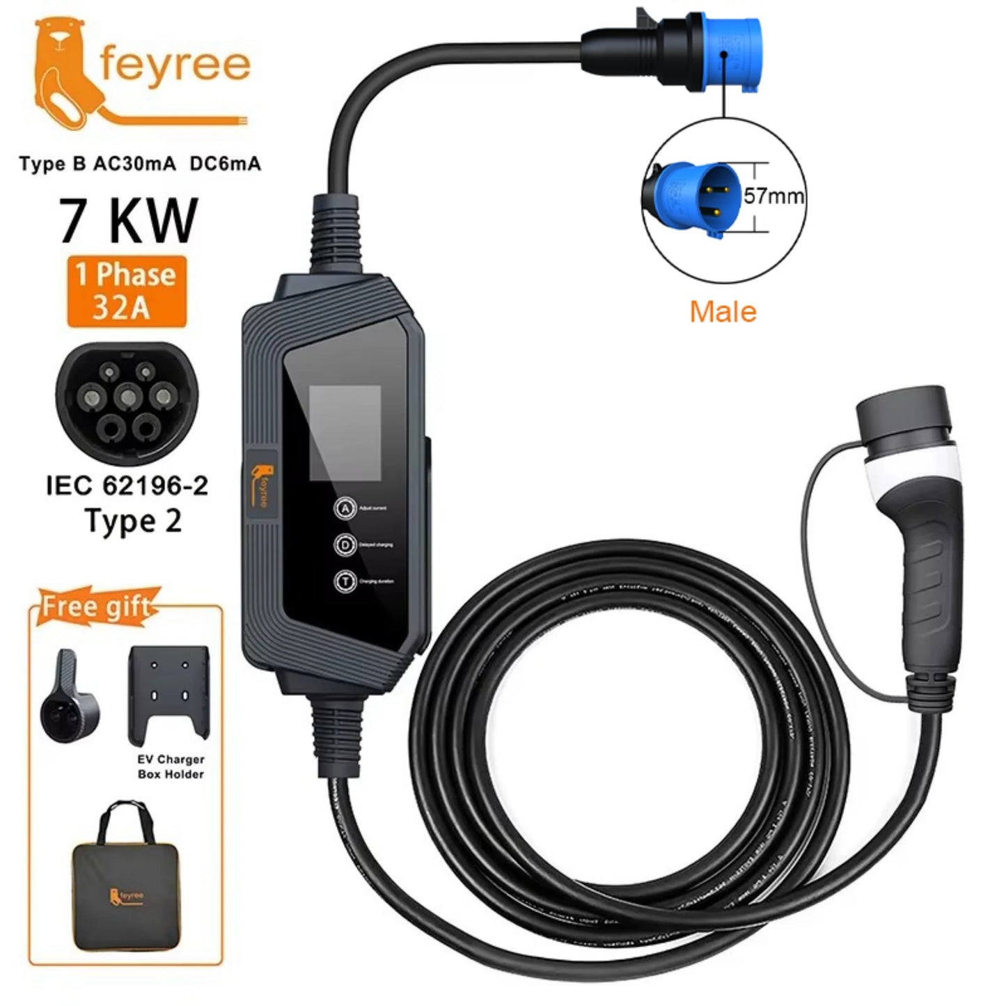 7KW Portable EV Charger Type 2 - 32A Fast Electric Car Charging Station