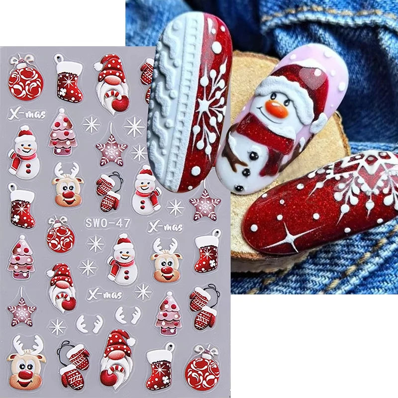 Christmas 3D Embossed Nail Art Stickers - Winter Holiday Manicure Decals