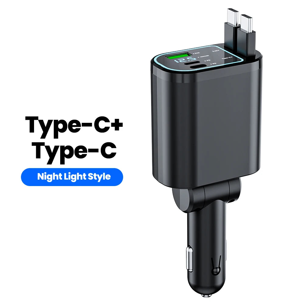 100W Retractable Fast Car Charger with USB & Type-C Digital Display