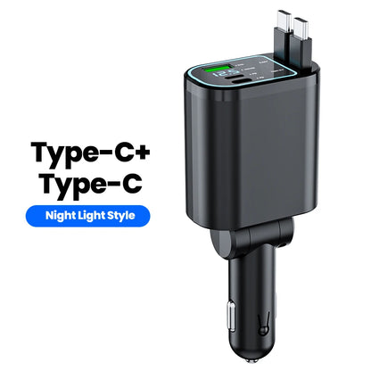100W Retractable Fast Car Charger with USB & Type-C Digital Display