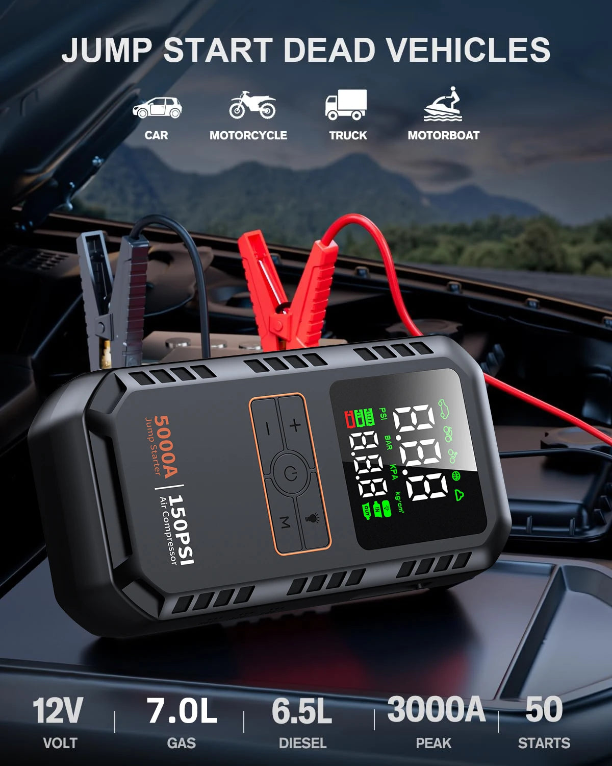 5000A Car Jump Starter with 150PSI Air Compressor & Portable Power Bank - 7