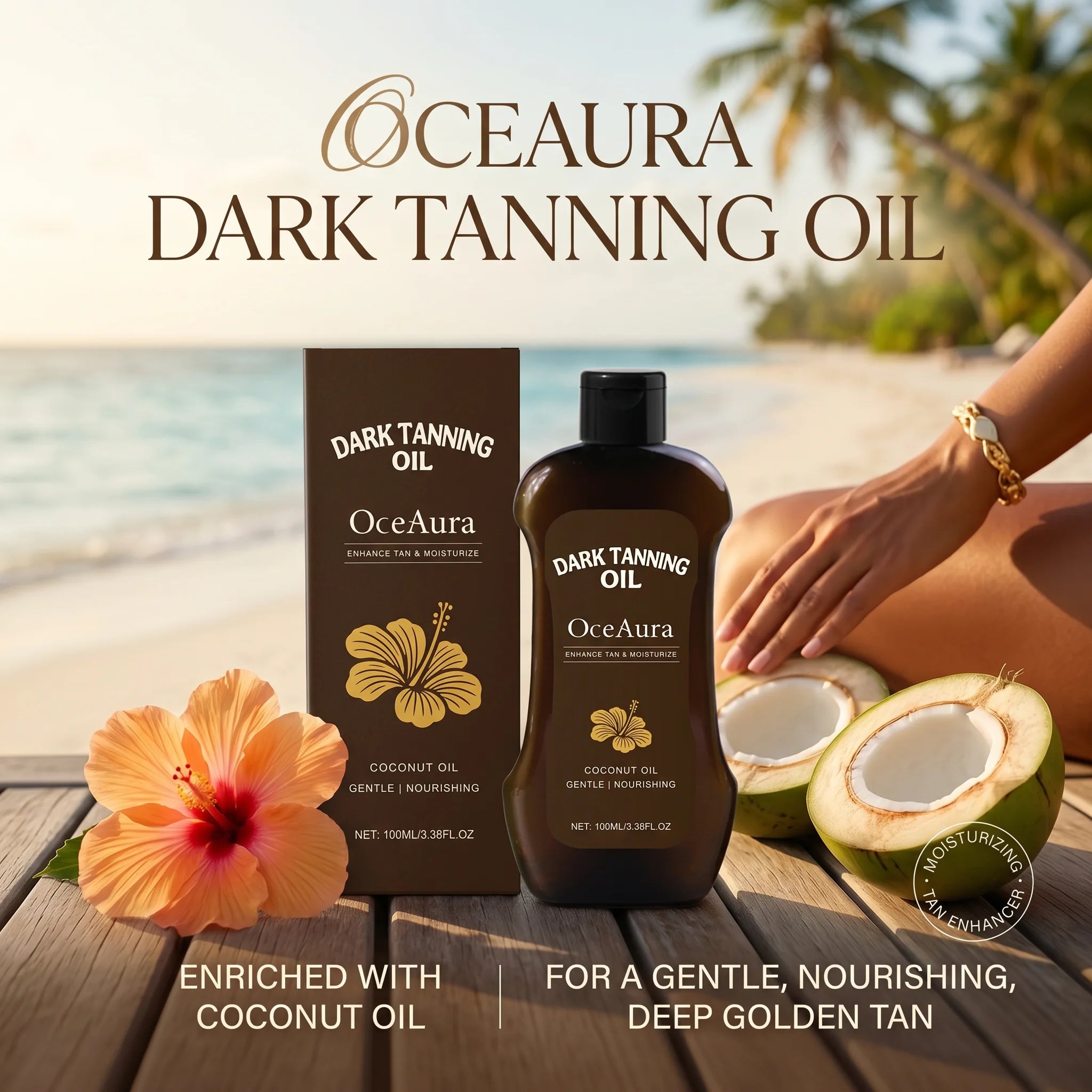 OceAura Coconut Dark Tanning Oil for Deep Bronze Tan & Skin Hydration - 1