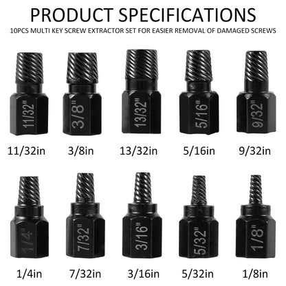 10-Piece Alloy Steel Screw Extractor Kit for Damaged Bolt & Stud Removal