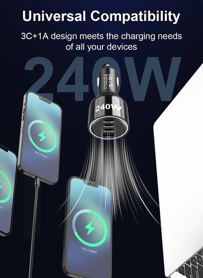 240W 4-Port USB-C Car Charger - PD 3.1 Super Fast Charging Adapter