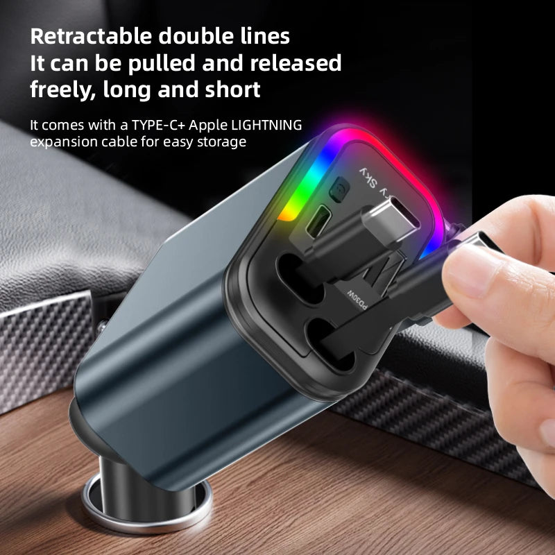 4-in-1 Retractable Car Charger 180W Fast Charging Adapter for All Phones - 2