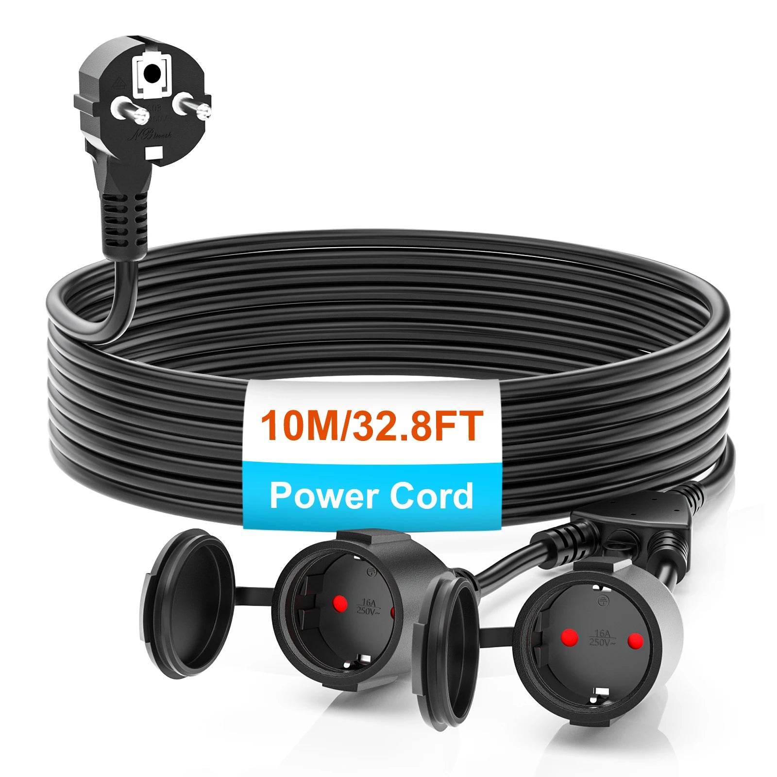 Waterproof European Standard Extension Cord - 2-Way Power Socket Splitter - 15