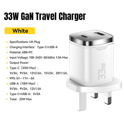 33W GaN Dual Port USB-C Fast Charger with Real-Time Digital Display