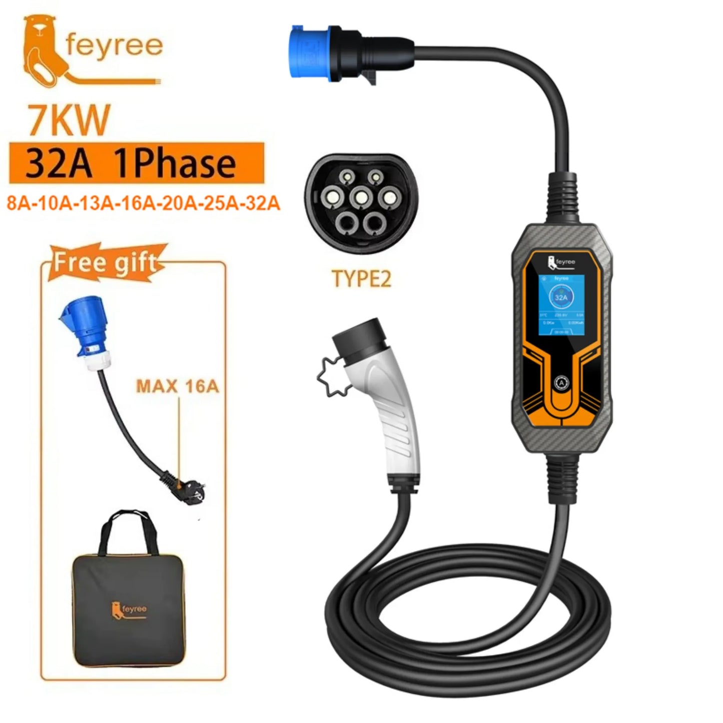 7KW Portable EV Charger Type 2, Adjustable 32A Electric Car Charging Cable