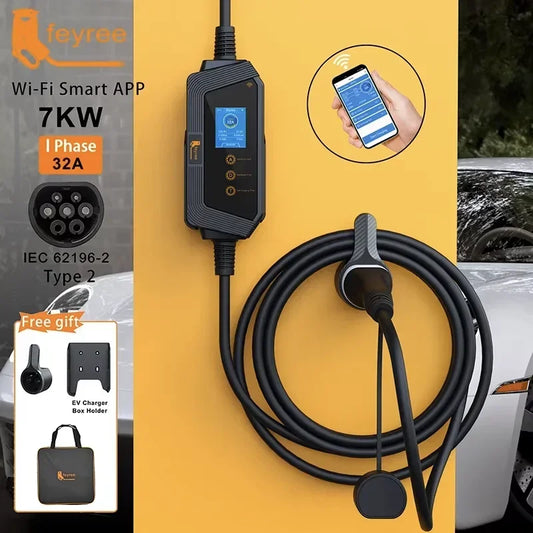 7kW Smart Portable EV Charger Type 2 - Wi-Fi App Control & Adjustable Amps