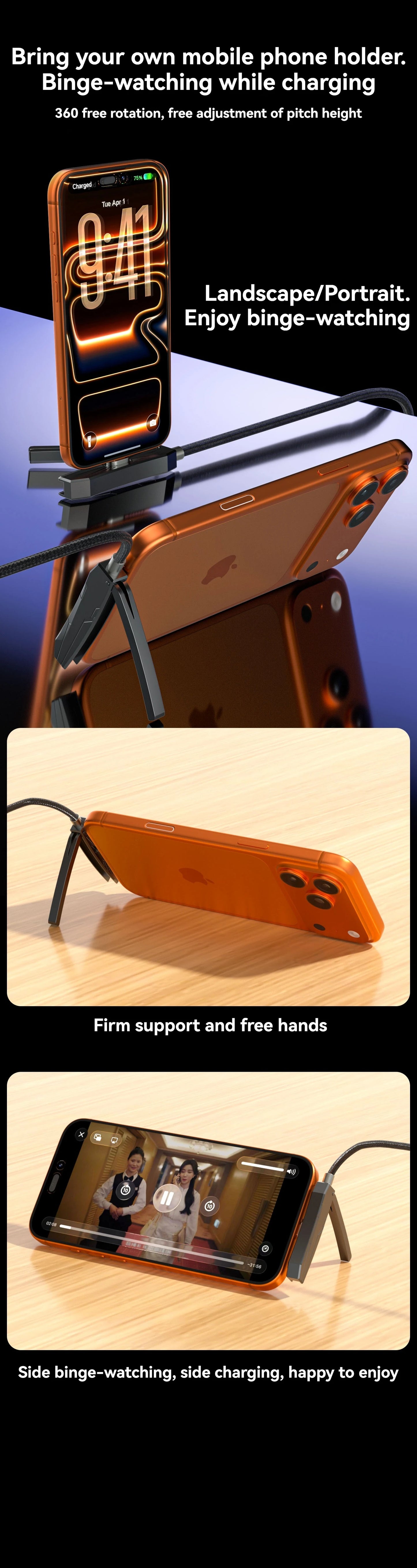 2-in-1 USB to Type-C 240W Fast Charging Cable with Foldable Phone Stand