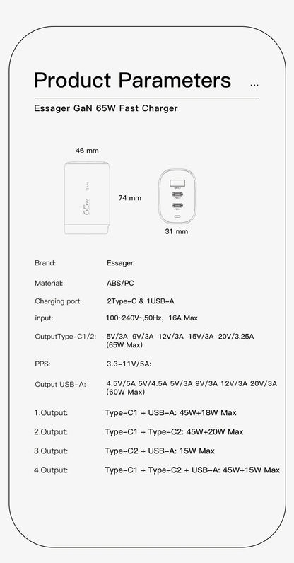 65W GaN Fast Charger - Triple Port USB-C Wall Charger for Laptop & Phone