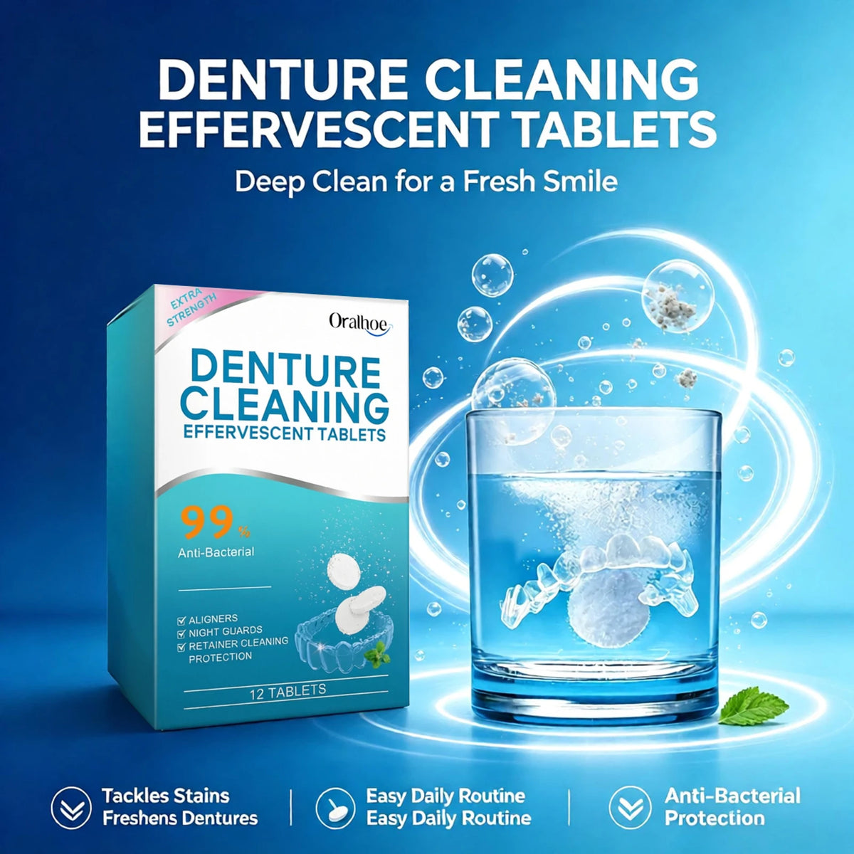 Denture Cleaning Effervescent Tablets - Antibacterial Retainer & Aligners Cleaner