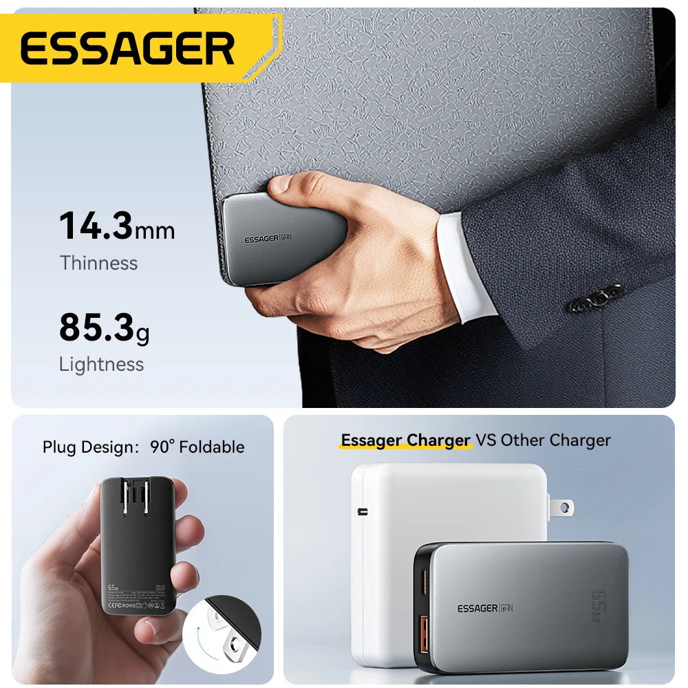 65W Ultra-Thin GaN Fast Travel Charger - PD 3.0 Dual-Port Wall Adapter - 5