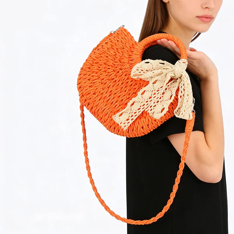 Luxury Lace Bow Straw Bag