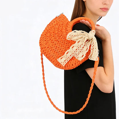 Luxury Lace Bow Straw Bag