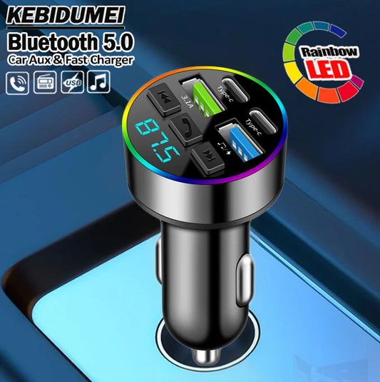 66W Fast Charge Bluetooth FM Transmitter - 4-Port Car MP3 Player Adapter
