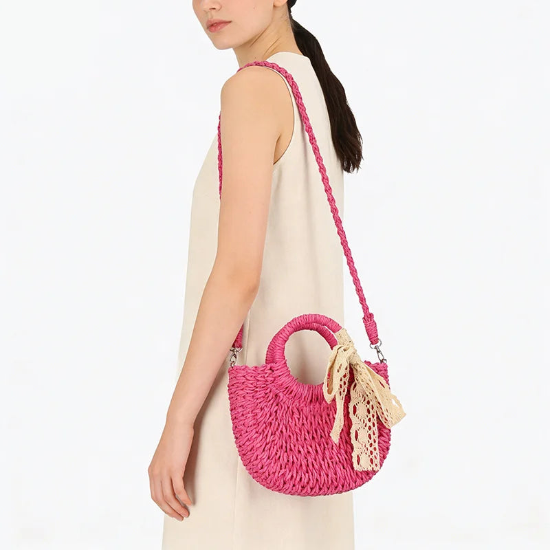 Luxury Lace Bow Straw Bag