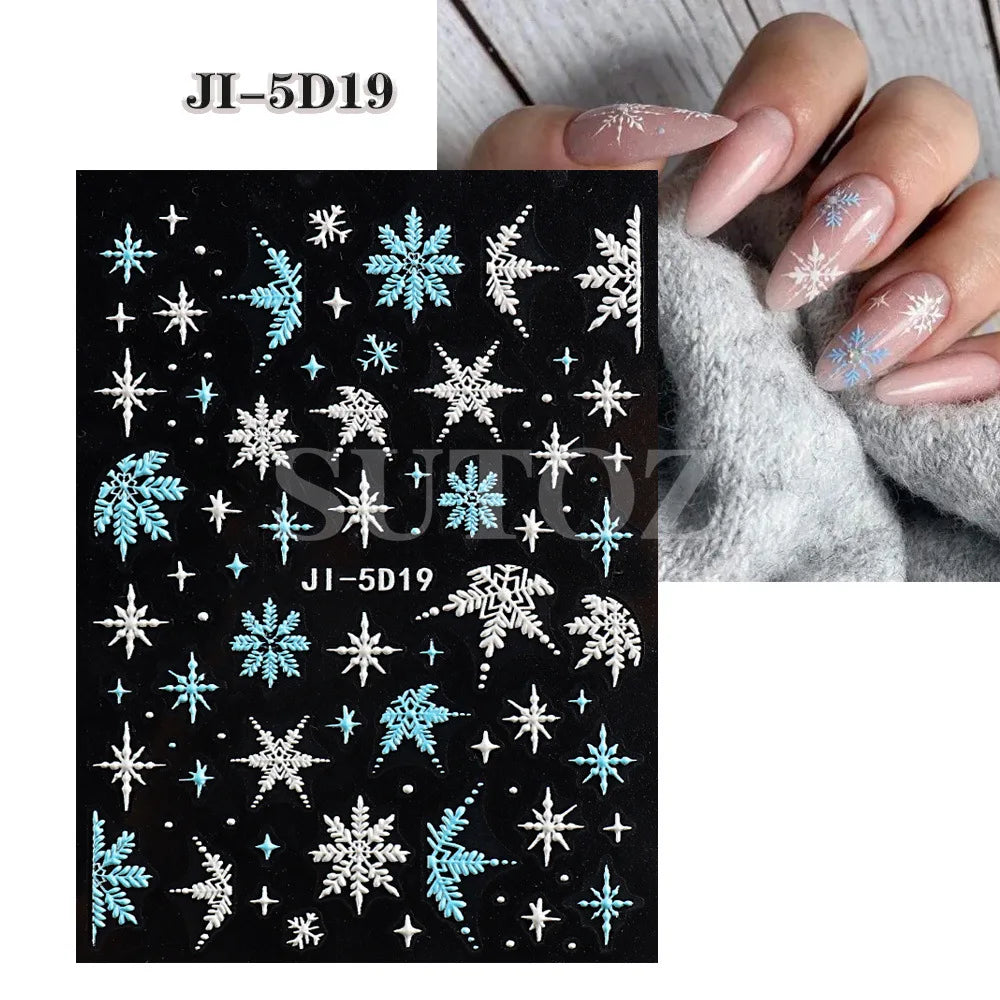 5D Embossed Christmas Nail Art Stickers - Winter Holiday Snowflake & Santa Decals - 15